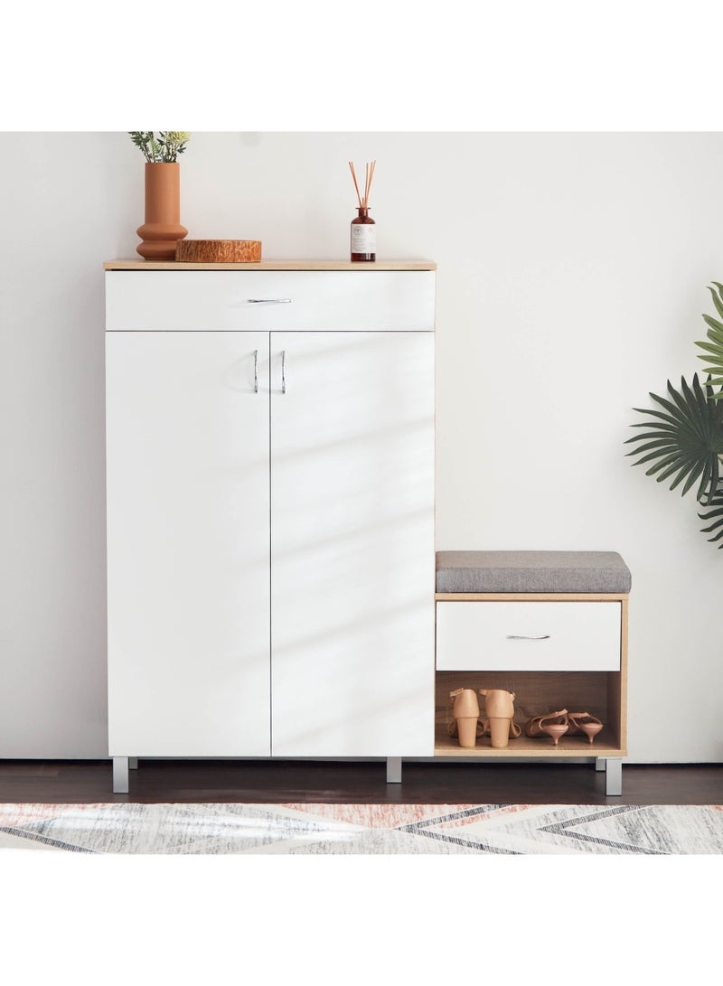 Home Box Capri 15-Pair Shoe Cabinet with Bench and Cushion 37x130x128 cm | 2 Drawers | 2 Doors| 6 Shelves | White | Engineered Wood With Foil Veneer - Image 3